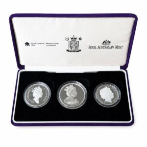 002 Queen Elizabeth II Golden Jubilee Silver Proof 3-Coin Set – UK / Canada / Australia – Original Box